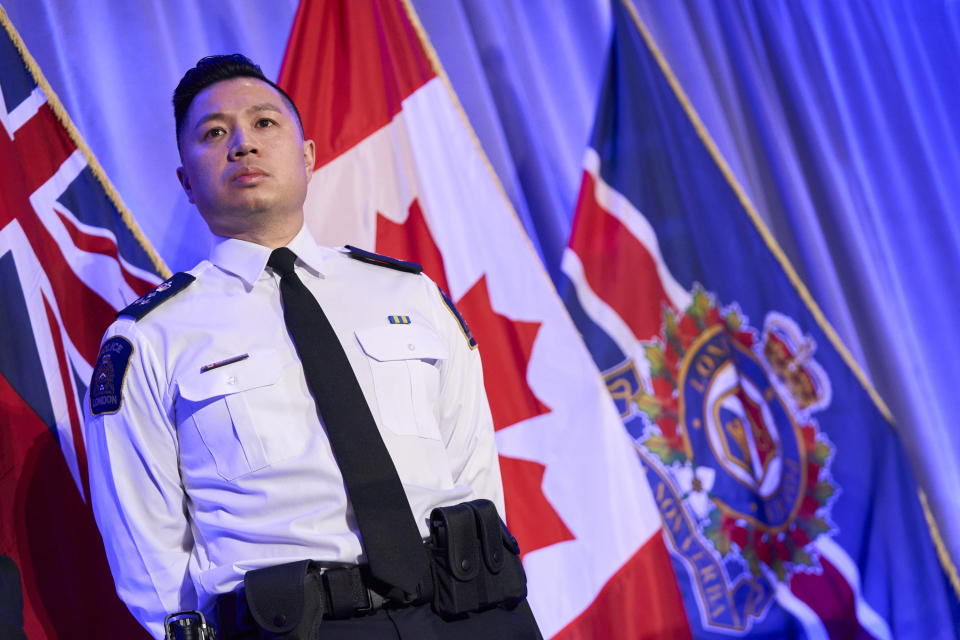 London, Ontario, Police Chief Thai Truong attends a news conference in London, Monday, Feb. 5, 2024. The police chief issued a public apology on Monday to a woman who says she was sexually assaulted by five hockey players on Canada's 2018 world junior team— four of them currently in the NHL — for the length of time it took his department to complete its investigation of a case that has rocked the sport for years. (Geoff Robins/The Canadian Press via AP)