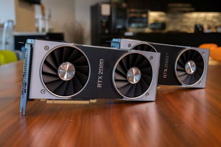 Nvidia's RTX 2080 and RTX 2080 Ti sitting on a table.