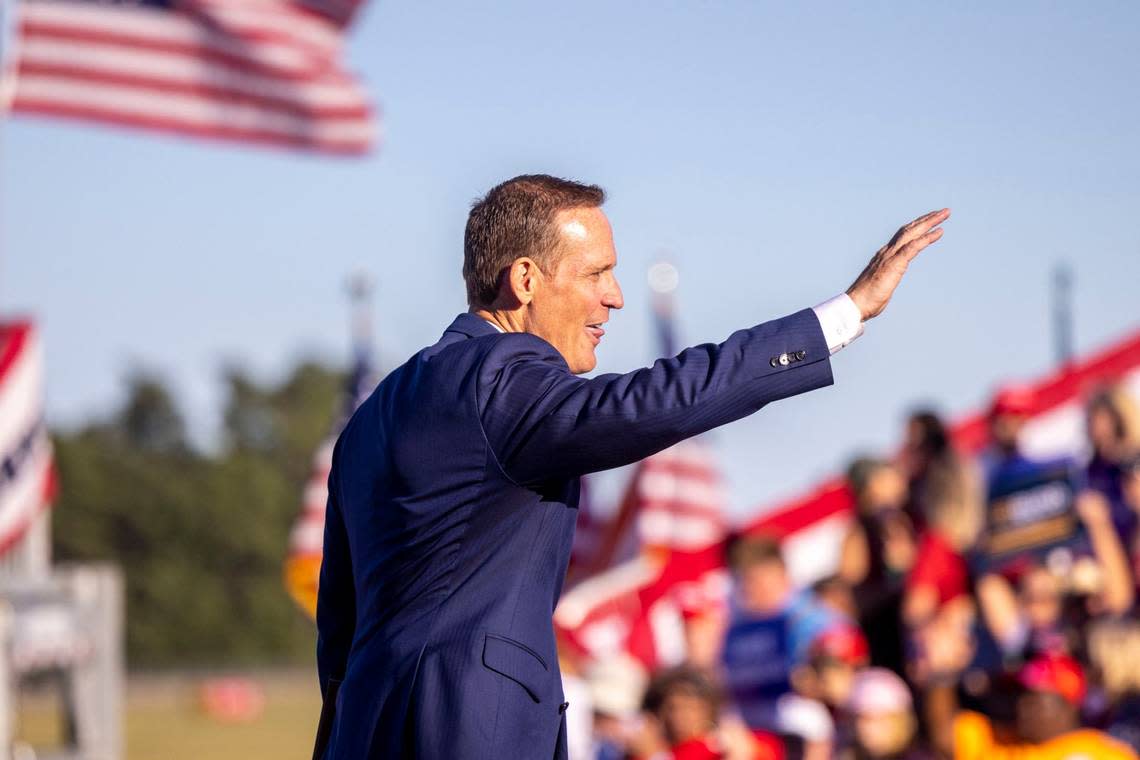 District 13 U.S. Rep. and U.S. Senate candidate Ted Budd takes the leaves the stage during a rally featuring former president Donald Trump at Wilmington International Airport Friday, Sept. 23, 2023.