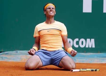 Tennis - Monte Carlo Masters - Monaco, 17/04/16. Rafael Nadal of Spain reacts after winning his final tennis match against Gael Monfils of France at the Monte Carlo Masters REUTERS/Eric Gaillard