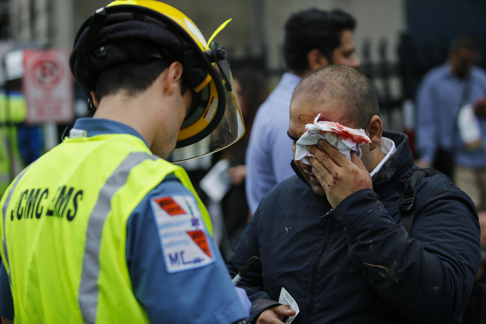 <p>People are treated for their injuries outside after a NJ Transit train crashed in to the platform at Hoboken Terminal September 29, 2016 in Hoboken, New Jersey. (Eduardo Munoz Alvarez/Getty Images) </p>