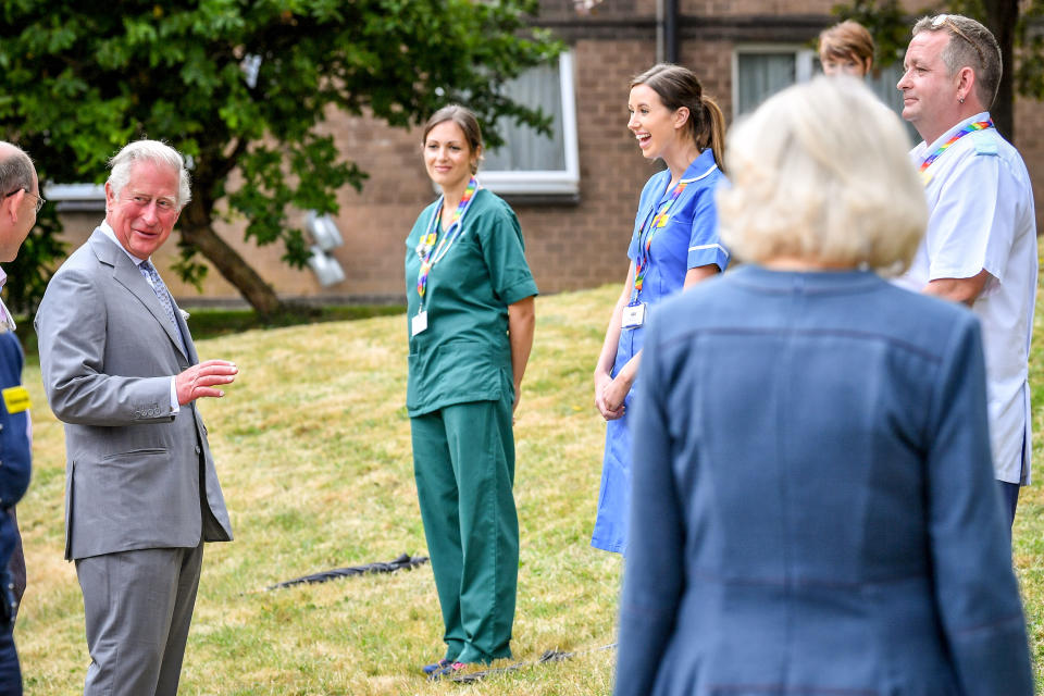 The Prince of Wales and the Duchess of Cornwall meet front line key workers who who have responded to the COVID-19 pandemic during a visit to Gloucestershire Royal Hospital.