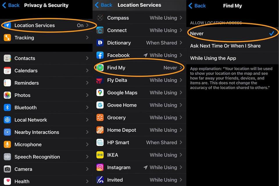 The iPhone Settings app, showing where to find the options to hide your location from specific apps, using the Find My app as an example of one you might never want to use your location.