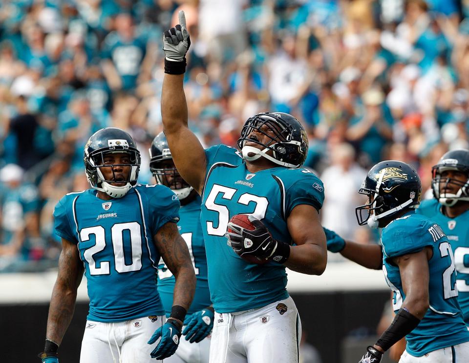 JACKSONVILLE, FL - SEPTEMBER 12:  Daryl Smith #52 of the Jacksonville Jaguars celebrates after making an interception during the NFL season opener game against the Denver Broncos at EverBank Field on September 12, 2010 in Jacksonville, Florida.  (Photo by Sam Greenwood/Getty Images)