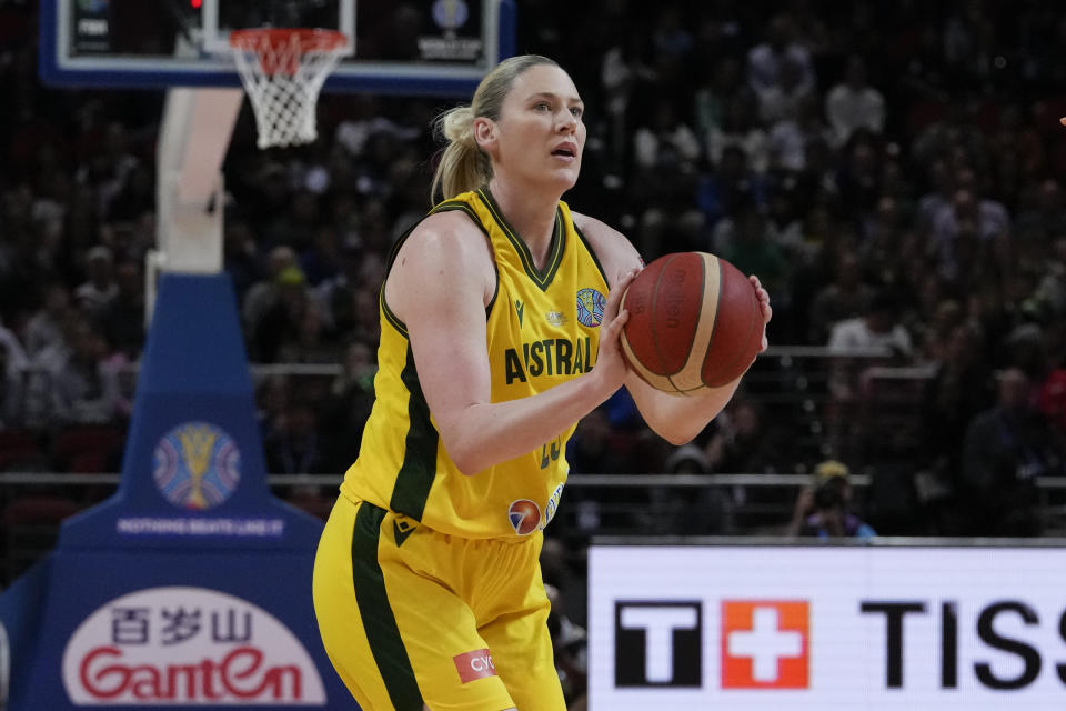 Australia's Lauren Jackson takes a shot at goal during their game at the women's Basketball World Cup against France in Sydney, Australia, Thursday, Sept. 22, 2022. (AP Photo/Mark Baker)