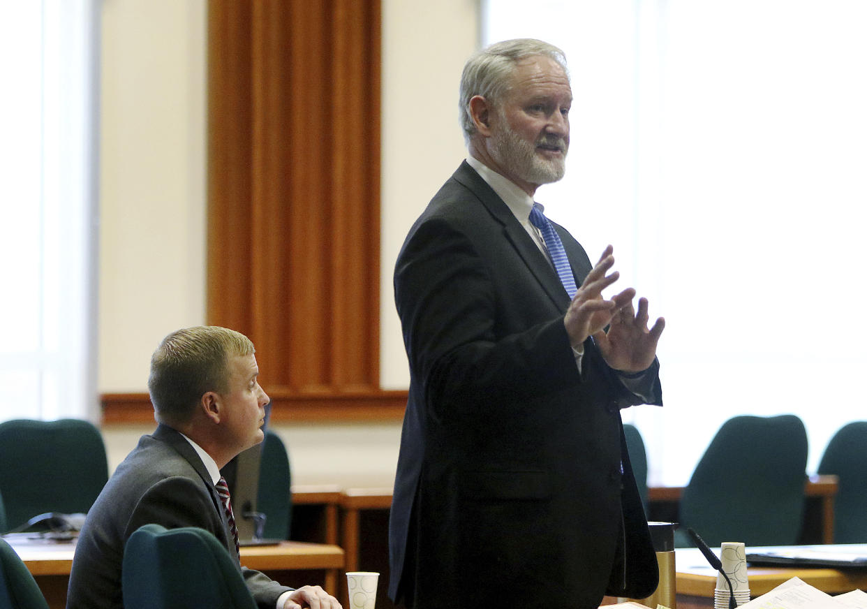 Defense attorney Jon Cox makes arguments during the second day of testimony in the rape trial of former Idaho state Rep. Aaron von Ehlinger at the Ada County Courthouse, Wednesday, April 27, 2022, in Boise, Idaho. (Brian Myrick/The Idaho Press-Tribune via AP, Pool)