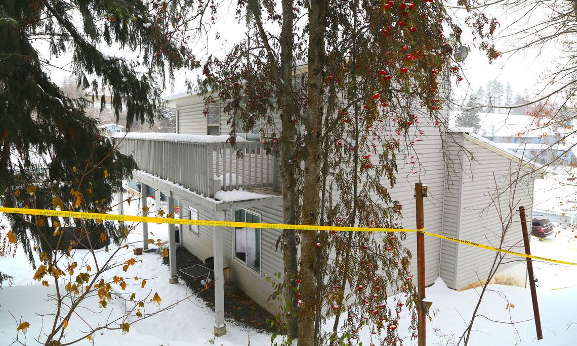 A view from the back of the house on the 1100 block of King Road in Moscow where police found four University of Idaho students stabbed to death Nov. 13.