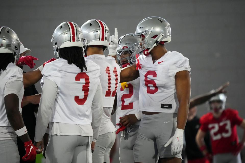 Mar 5, 2024; Columbus, OH, USA; Ohio State Buckeyes safety Sonny Styles (6) lines up for drills during the first spring practice at the Woody Hayes Athletic Center.