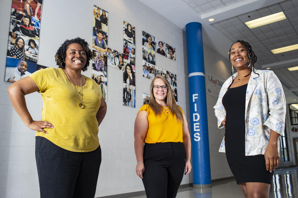 From left, Portia Cook, Amanda DeBord and Thea Cole are advisers with a state program called Advise TN that tries to get more Tennessee high school graduates to go to college. The task has gotten much harder, they say. (Austin Anthony for The Hechinger Report)