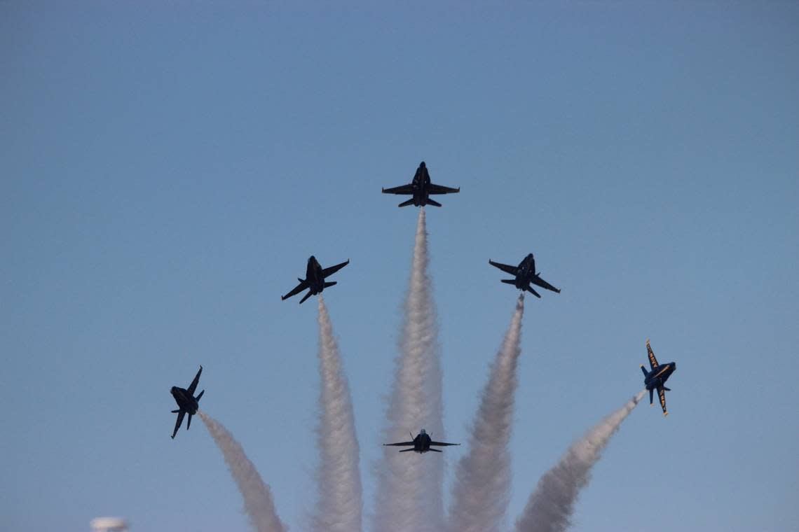 The Blue Angels perform a burst pattern at the 2019 MCAS Beaufort Air Show at the Marine Corps Air Station Beaufort.
