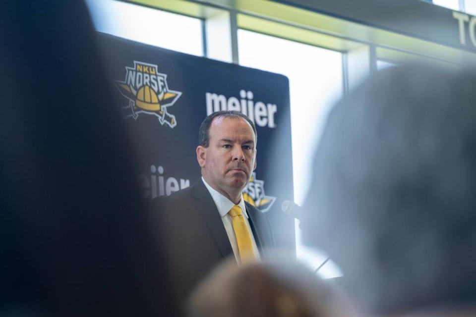 Former Lexington Catholic High School girls basketball coach Jeff Hans at the news conference that accompanied his hiring as Northern Kentucky University’s head women’s basketball coach.