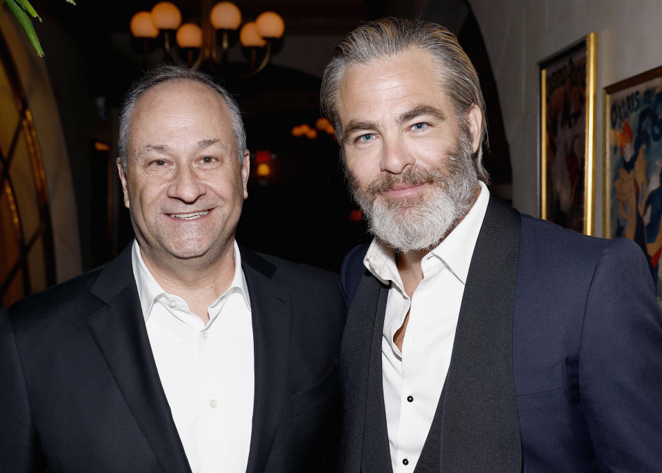 Douglas Emhoff and Chris Pine at the CAA kickoff party.