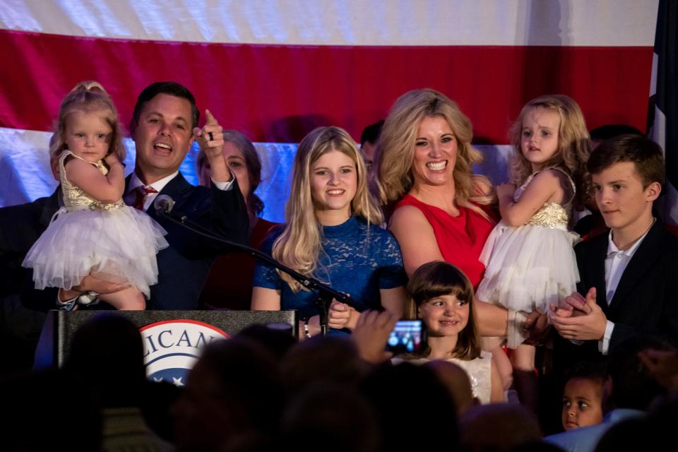 Republican Zach Nunn gives his victory speech during the Iowa GOP election night celebration on Tuesday, Nov. 8, 2022, at the Hilton hotel in downtown Des Moines. The Associated Press had not yet declared a winner as of midnight Tuesday.