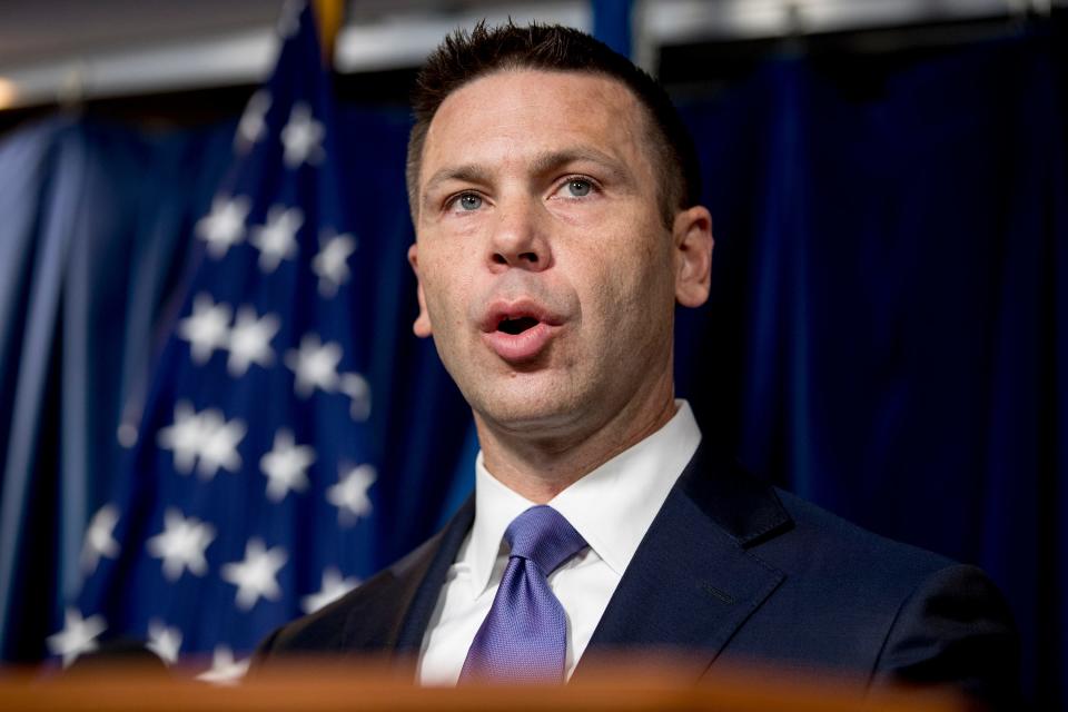 Acting Homeland Security Secretary Kevin McAleenan speaks about upcoming changes to the Flores ruling at a news conference at the Reagan Building in Washington on Aug. 21, 2019.