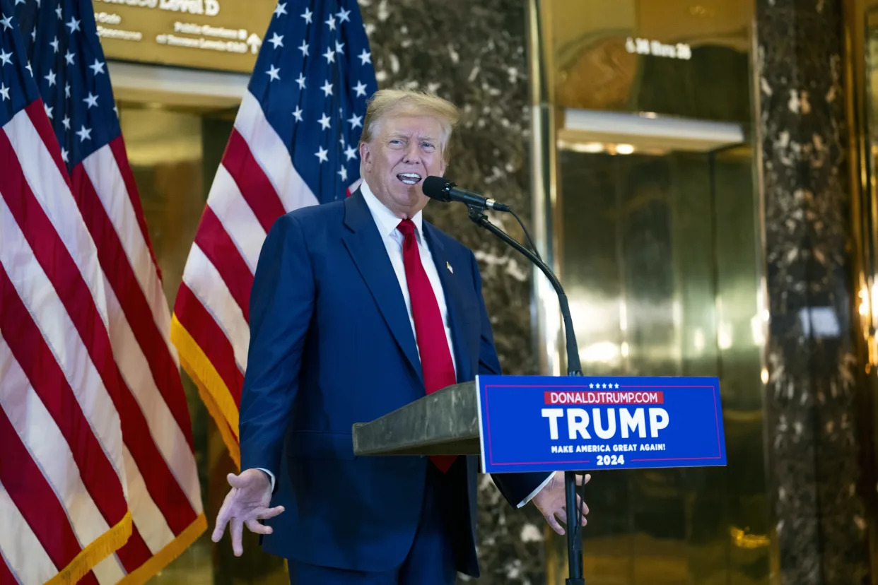 Former President Donald Trump delivers remarks at Trump Tower in New York, Friday, May 31, 2024. (Doug Mills/The New York Times)