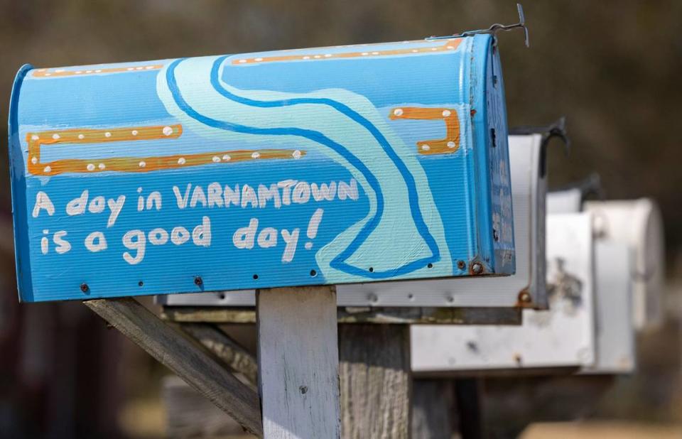 A whimsical message on a mailbox in the fishing village of Varnamtown, N.C., on Thursday, February 22, 2024