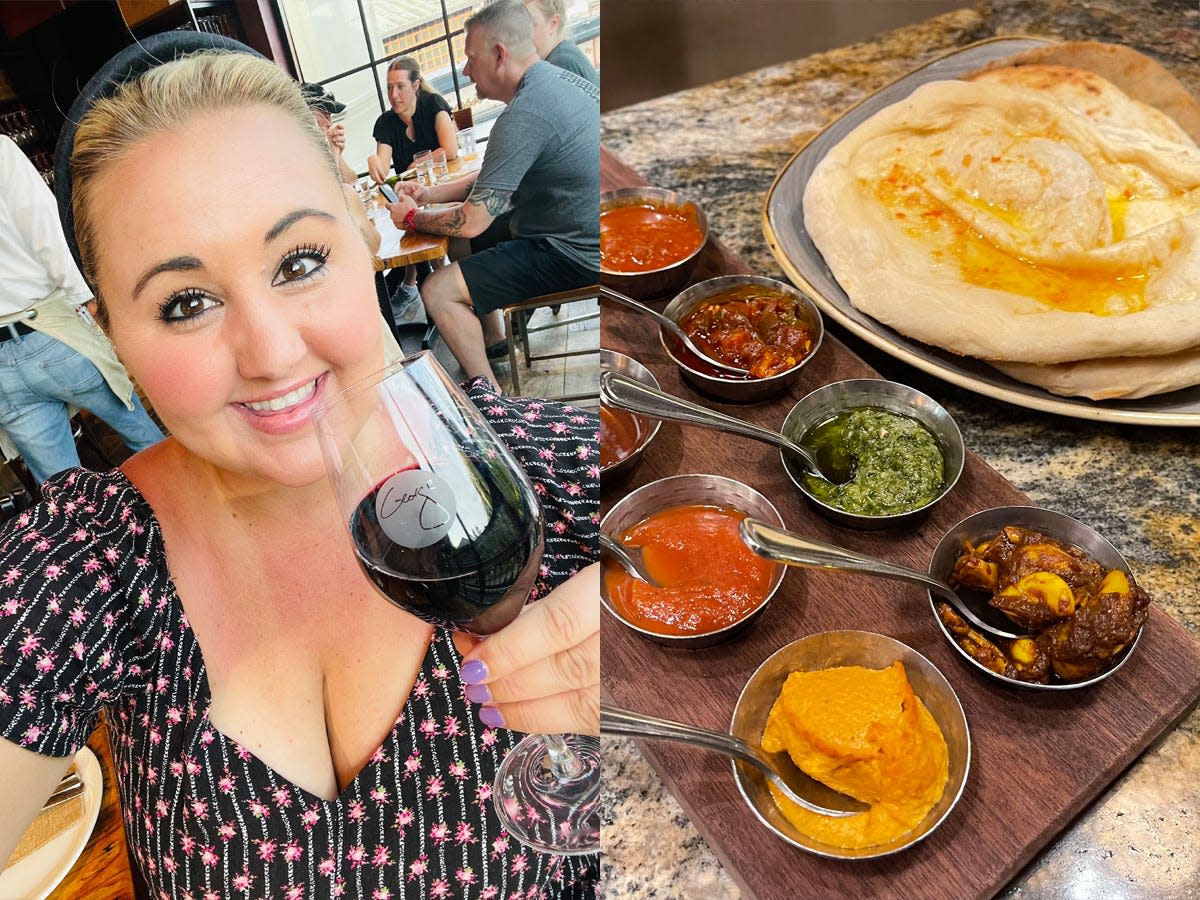 carly pising with wine glass and a photo of the sanaa bread service