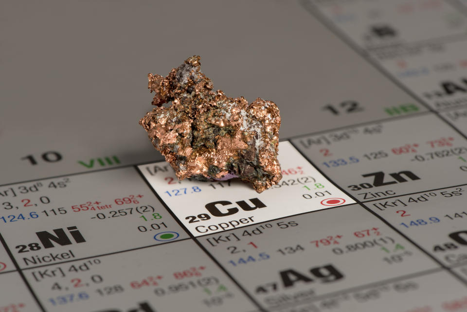 A piece of copper on its spot on the periodic table of elements.