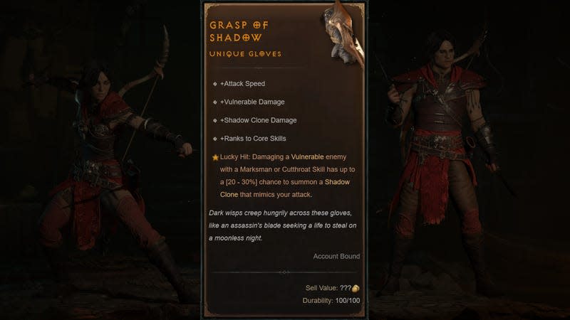 A composite image shows stats for the Grasp of Shadow gloves.