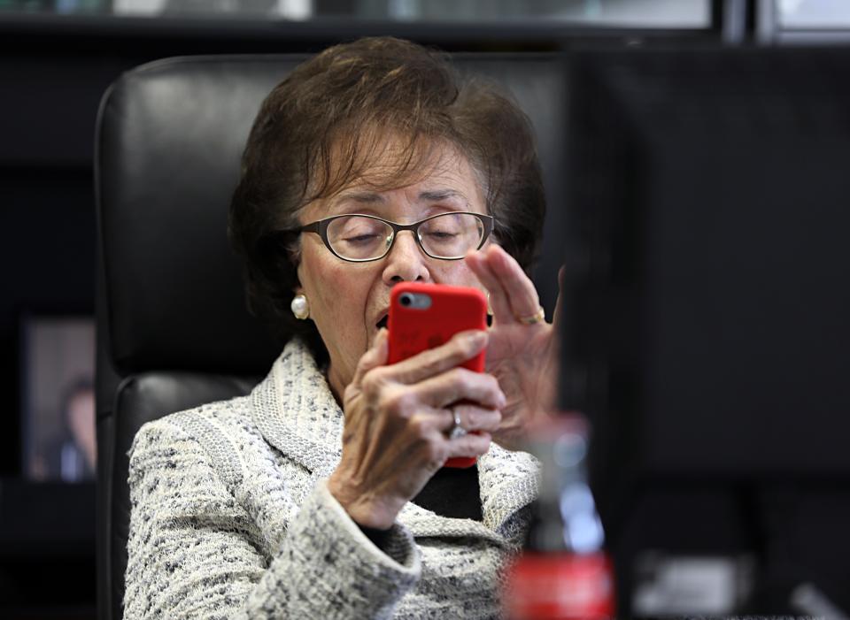 Congresswoman Nita Lowey looks to see how many women are now in Congress at her office in White Plains Nov. 12, 2018