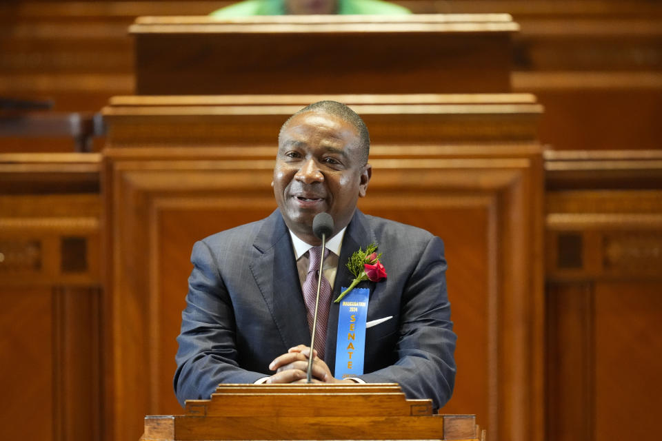 FILE - Democratic Louisiana Sen. Cleo Fields speaks during the swearing in of the state Legislature, Jan. 8, 2024, in Baton Rouge, La. Fields, who served in Congress in the 1990s and is currently a state senator, has declared his candidacy for a new majority-Black congressional district created in January by the Legislature. The new map greatly alters the district currently represented by U.S. Rep. Garret Graves. Opponents of the new map are challenging it in federal court, calling it a "racial gerrymander." (AP Photo/Gerald Herbert, Pool, File)