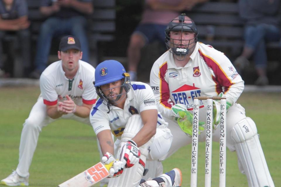 Little Lever’s overseas amateur, Nipon Gaikwad, top scored with 78 not out, from 65 deliveries, as Farnworth’s Alex Rodzoch and Simon Booth, wicketkeeper, watch on. Picture by Harry McGuire