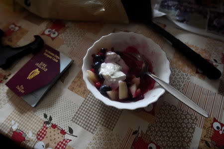 The ice cream and fruit bowl is seen, which Bernie Kearney was eating when a landslide, carrying a giant boulder and her car, came through the kitchen window, during torrential rains in Urris, County Donegal, Ireland August 24, 2017. REUTERS/Clodagh Kilcoyne