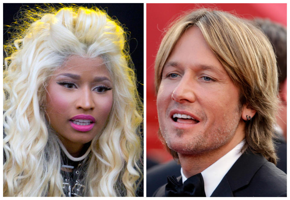 This photo combination shows musicians Nicki Minaj, left, and Keith Urban. The "American Idol" judges' panel is now complete with the naming of singer-rapper Minaj and country crooner Urban. The Fox network officially tapped the pair with an announcement Sunday, Sept. 16, 2012, just hours before the first round of judging for next season was due to begin in New York. (AP Photo)