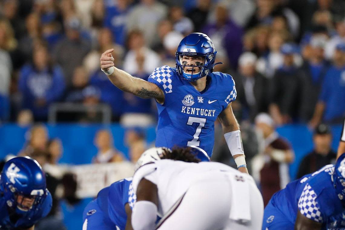 Kentucky quarterback Will Levis (7) threw for 177 yards and two touchdowns in UK’s 34-17 win at Vanderbilt last season.