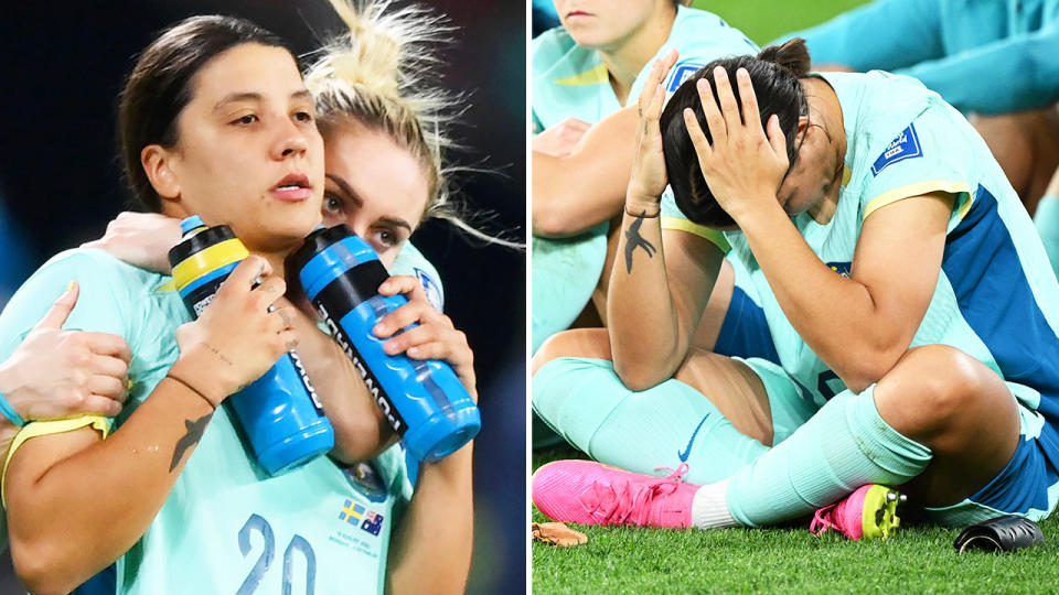 Sam Kerr embraced and Kerr looking sad after the loss.