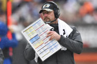 Detroit Lions head coach Dan Campbell watches the first half of an NFL football game against the Cleveland Browns, Sunday, Nov. 21, 2021, in Cleveland. (AP Photo/David Richard)