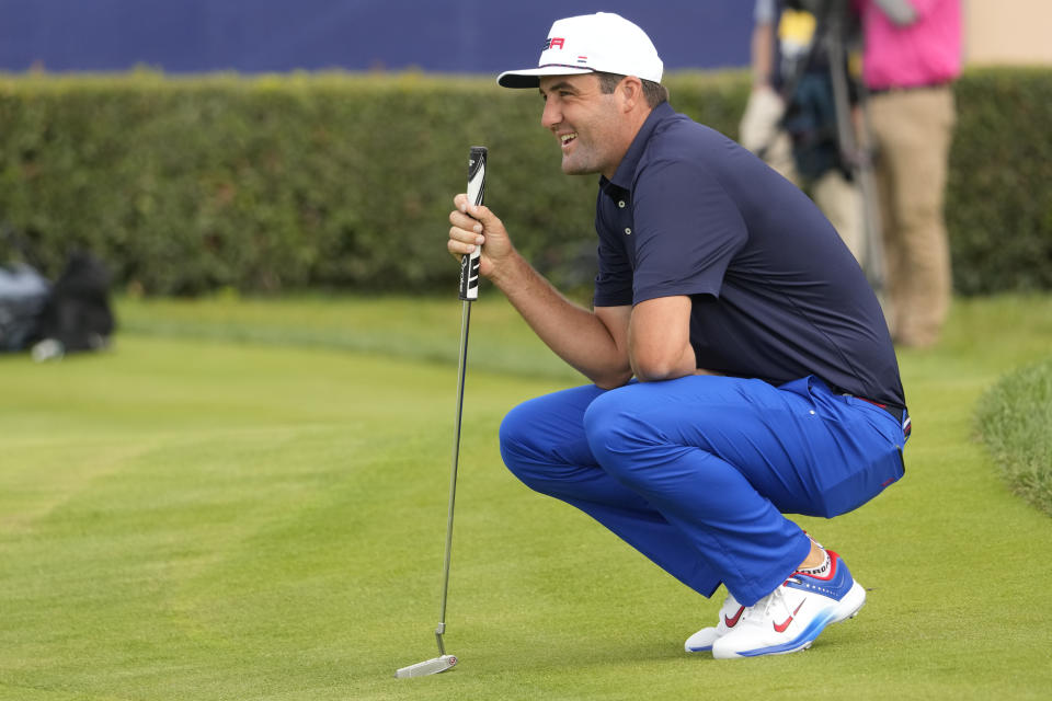 United States' Scottie Scheffler attends a training in the practice range of the Marco Simone Golf Club in Guidonia Montecelio, Italy, Monday, Sept. 25, 2023. The Marco Simone Club on the outskirts of Rome will host the 44th edition of The Ryder Cup, the biennial competition between Europe and the United States headed to Italy for the first time. (AP Photo/Andrew Medichini)