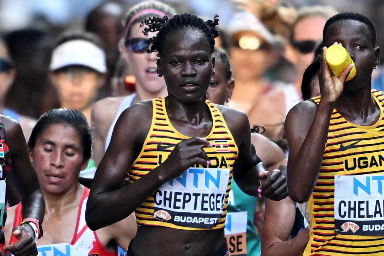 Rebecca Cheptegei competes in the World Athletics Championship's women's marathon in Budapest, Hungary, in 2023. 