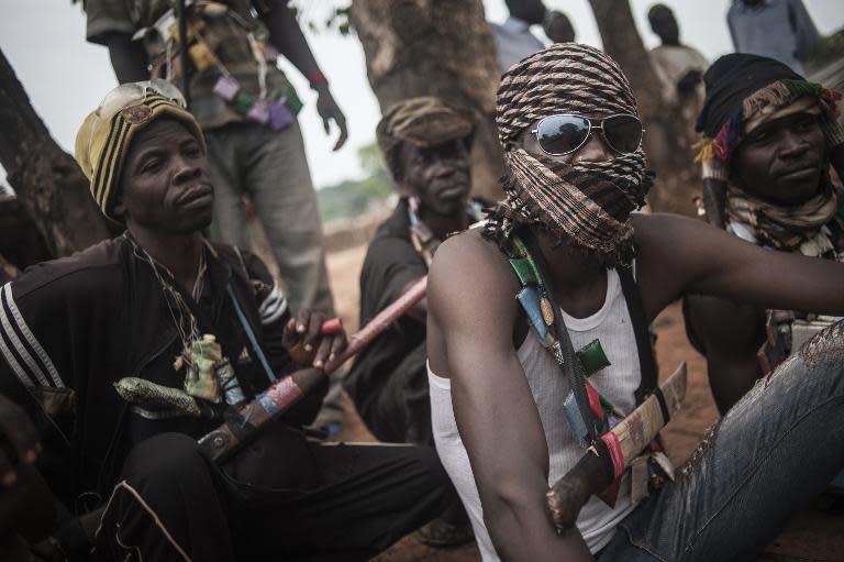 Anti-Balaka militia members at a position on the outskirts of Bambari on July 31, 2014