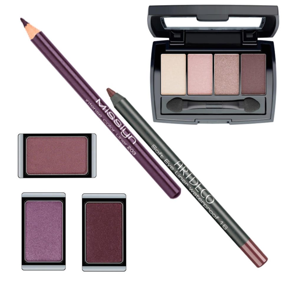 Für das perfekte Marsala-Augenmake-up braucht es vor allem Lidschatten. Aber auch Eyeliner sind hilfreich. Einzelner Lidschatten von Artdeco: Oben: Pearly Red Violet (Nr. 95, ca. 5 Euro) Links: Cherry Blossom (Nr. 88, ca. 5 Euro) Rechts: Dark Queen (Nr. 89A, ca. 5 Euro) Eyeliner von Misslyn (Eggplant Nr. 203, ca. 3 Euro) & Wasserfester Augenkonturenstift von Artdeco (Autumn Leaves Nr. 16, ca. 7 Euro) Lidschattenpalette von BeYu (Vintage Rose Shades Nr. 387, ca. 10 Euro)