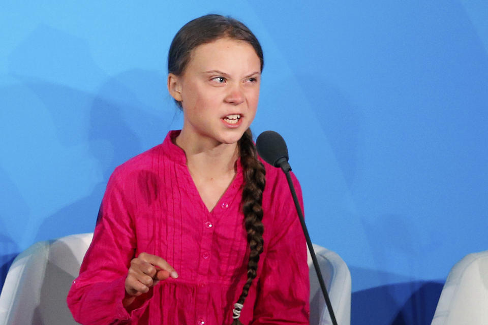 FILE - In this Monday, Sept. 23, 2019 file photo, environmental activist Greta Thunberg, of Sweden, addresses the Climate Action Summit at the United Nations General Assembly at U.N. headquarters. She gives mostly emotionless talks, but on Monday, she shed the stick-to-the-science message and frequently choked up when she scolded world leaders at the United Nations, repeating the phrase “how dare you” over and over in a highly praised address. (AP Photo/Jason DeCrow)