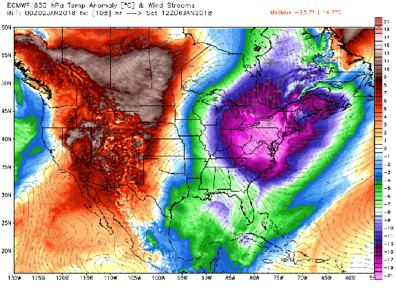 Temperature departures from average projection from the Euro model for Saturday morning, Jan. 6, 2018.