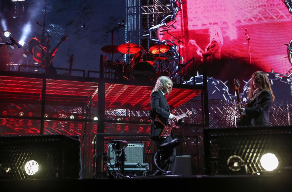 Boygenius performs at the Outdoor Theatre during the Coachella Valley Music and Arts Festival in Indio, Calif., Saturday, April 15, 2023. 