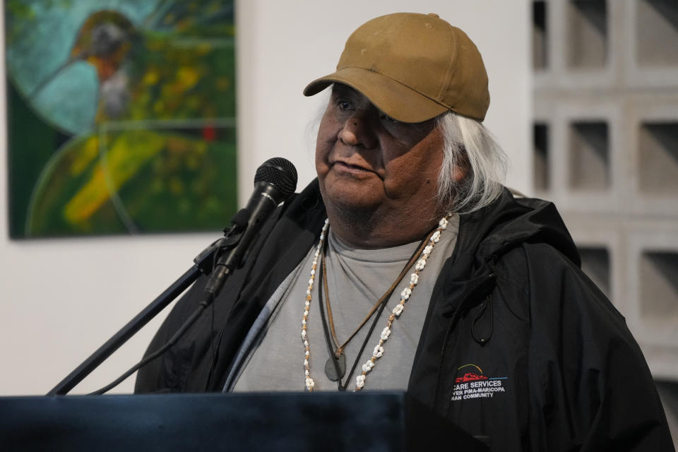 Meldon Fulwilder speaks during a news conference by Native American advocacy groups, Thursday, Feb. 9, 2023, in Phoenix. The groups are calling for the NFL football team Kansas City Chiefs to drop their name, logo and their trademark “war chant” where fans make a chopping-hand gesture mimicking the Native American tomahawk. They play to demonstrate outside State Farm Stadium in the Phoenix suburb of Glendale during the Super Bowl 57 NFL football game. (AP Photo/Rick Scuteri)