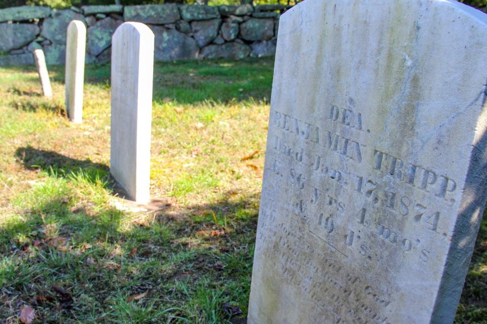 The graves of deacon Benjamin Tripp and his family lie in the Benjamin Tripp Burial Ground on Main Road in Westport.