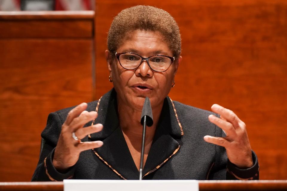 Rep. Karen Bass, D-Calif., speaks during a House Judiciary Committee markup of the Justice in Policing Act of 2020 on Capitol Hill in Washington, Wednesday, June 17, 2020. (Greg Nash/Pool via AP)