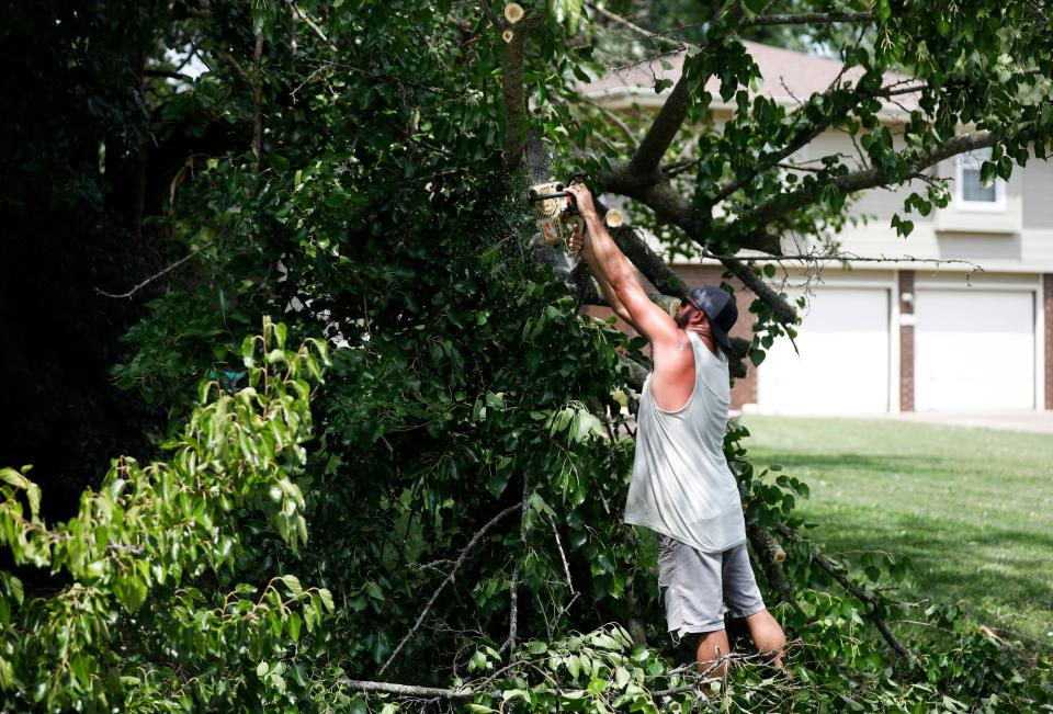 Jeremy Wilder uses a chainsaw to cut down tree limbs blocking part of South Palmer Avenue on Monday, July 31, 2023 after a late night storm downed trees and power lines all over the area.