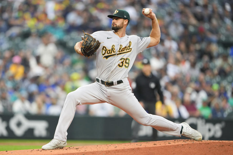 Oakland Athletics starting pitcher Kyle Muller throws against the Seattle Mariners during the first inning of a baseball game Monday, Aug. 28, 2023, in Seattle. (AP Photo/Lindsey Wasson)