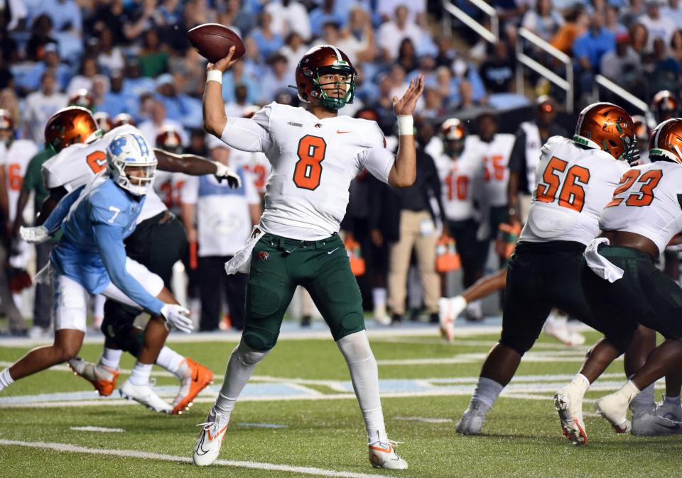 Aug 27, 2022; Chapel Hill, North Carolina, USA; Florida A&M Rattlers quarterback Jeremy Moussa (8) throws a pass during the first half against the North Carolina Tar Heels at Kenan Memorial Stadium. Mandatory Credit: Rob Kinnan-USA TODAY Sports