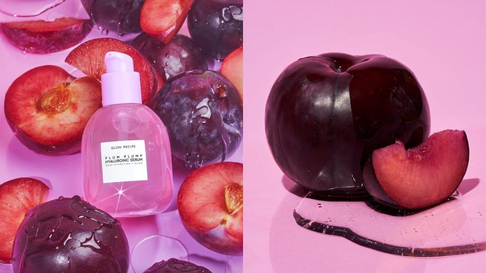 Hydrate your skin pre-makeup with the Glow Recipe Plum Plump Hyaluronic Acid Serum.