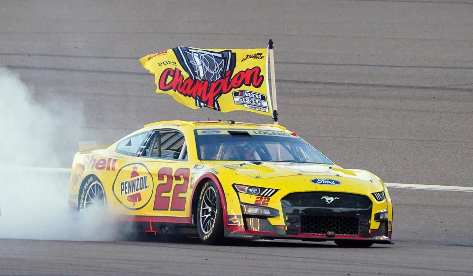 Joey Logano got the checkered flag and championship flag with his Sunday win at Phoenix.