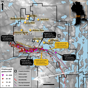 Map highlighting anomalous gold grains-in-till at the Golden Corridor