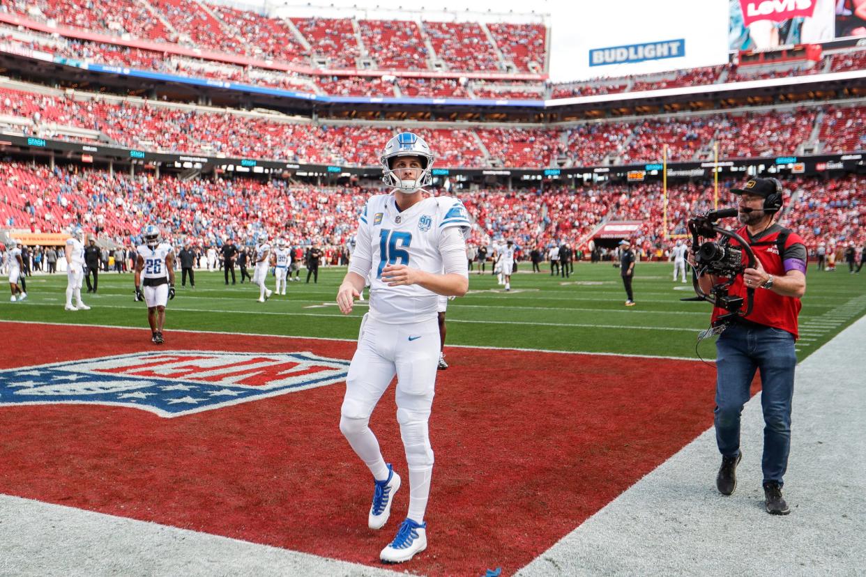 Lions quarterback Jared Goff waits to cheer for teammates during warmups before the NFC championship game at Levi's Stadium in Santa Clara, California, on Sunday, Jan. 28, 2024.
