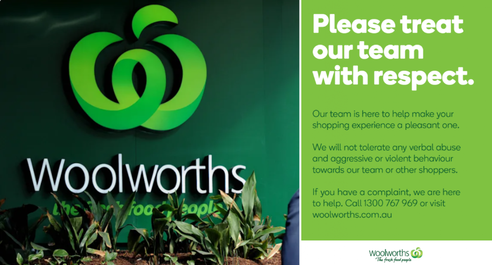 Woolworths logo with inset sign asking customers to not be abusive to staff