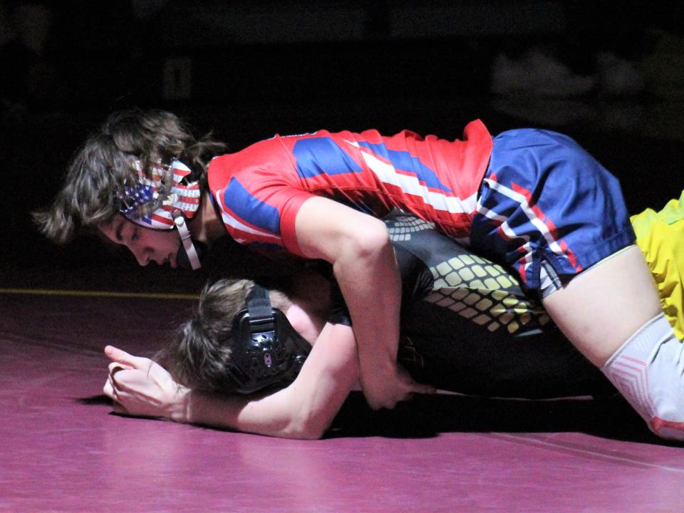 Bridgewater-Raynham’s Brent von Magnus pins Bristol-Aggie/Dighton-Rehoboth’s David Hunt during a non-league dual meet.